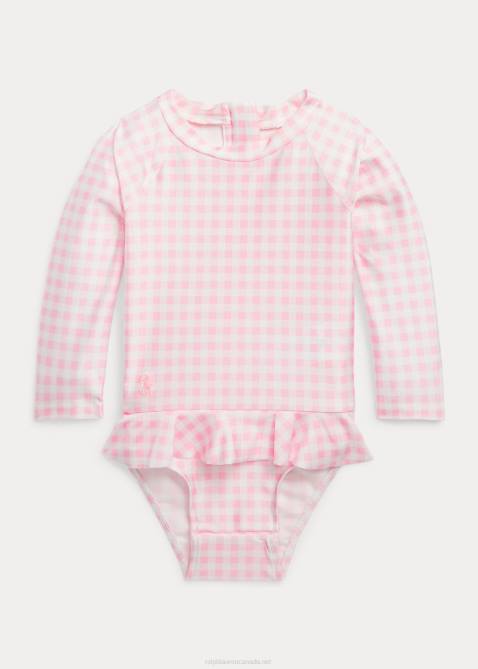 Baby Ralph Lauren Gingham Ruffled One-Piece Rash Guard 4DJ27949 Carmel Pink
