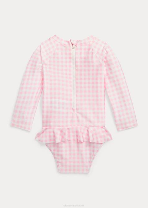 Baby Ralph Lauren Gingham Ruffled One-Piece Rash Guard 4DJ27949 Carmel Pink