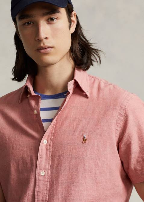 Men Ralph Lauren Classic Fit Chambray Shirt 4DJ2834 Nautical Red/White