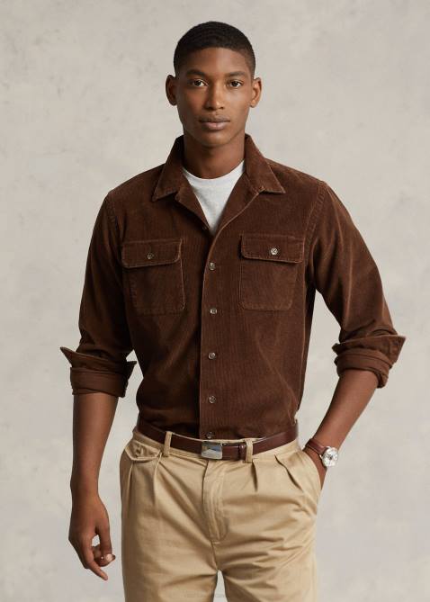 Men Ralph Lauren Classic Fit Corduroy Camp Shirt 4DJ28422 Teak