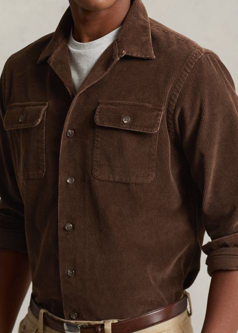 Men Ralph Lauren Classic Fit Corduroy Camp Shirt 4DJ28422 Teak