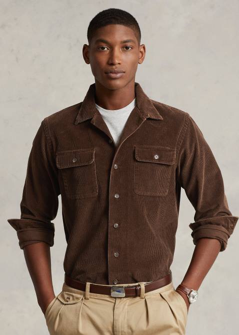 Men Ralph Lauren Classic Fit Corduroy Camp Shirt 4DJ28422 Teak