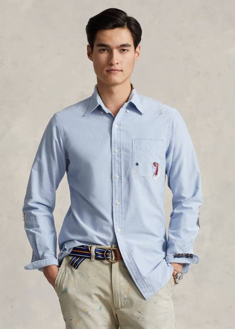 Men Ralph Lauren Classic Fit Distressed Oxford Shirt 4DJ2724 Preppy Mended Shirt