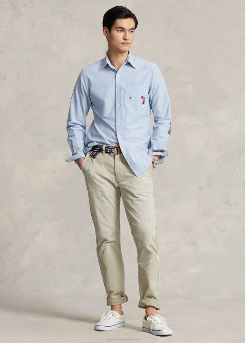 Men Ralph Lauren Classic Fit Distressed Oxford Shirt 4DJ2724 Preppy Mended Shirt