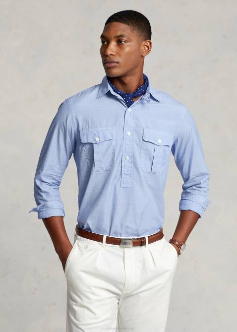 Men Ralph Lauren Classic Fit End-on-End Popover Workshirt 4DJ28425 Bluebell/White