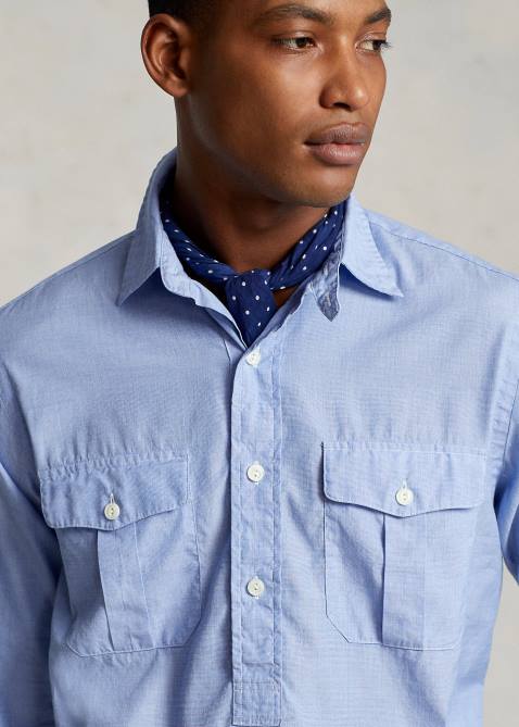 Men Ralph Lauren Classic Fit End-on-End Popover Workshirt 4DJ28425 Bluebell/White