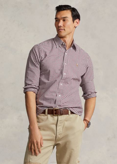 Men Ralph Lauren Classic Fit Gingham Oxford Shirt 4DJ21112 Wine/White