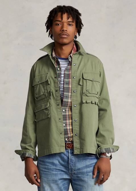 Men Ralph Lauren Classic Fit Herringbone Utility Shirt 4DJ2639 Olive Herringbone