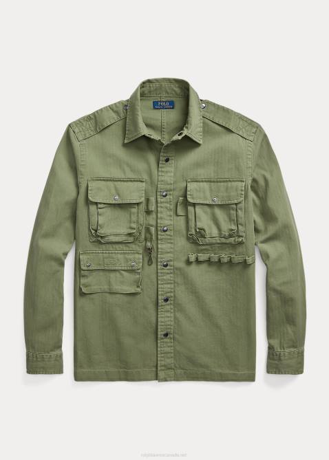 Men Ralph Lauren Classic Fit Herringbone Utility Shirt 4DJ2639 Olive Herringbone