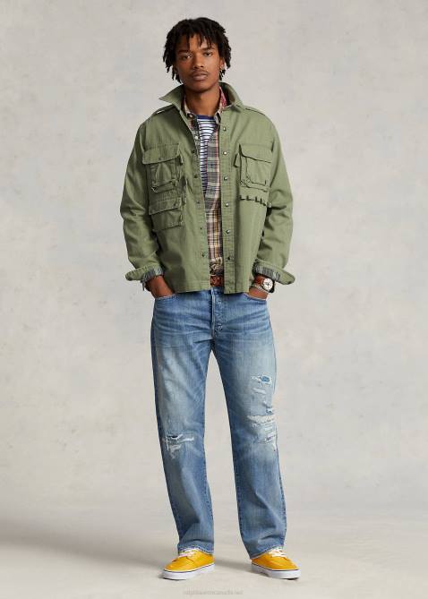 Men Ralph Lauren Classic Fit Herringbone Utility Shirt 4DJ2639 Olive Herringbone