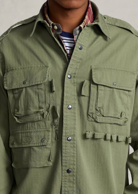 Men Ralph Lauren Classic Fit Herringbone Utility Shirt 4DJ2639 Olive Herringbone