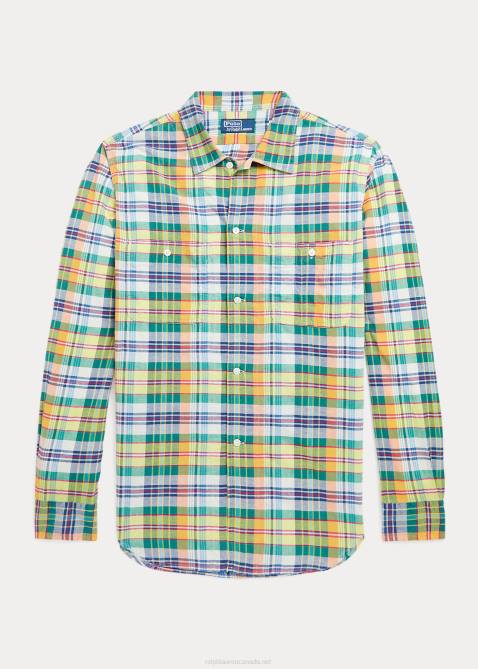 Men Ralph Lauren Classic Fit Indigo Madras Shirt 4DJ28385 Yellow/Green Multi
