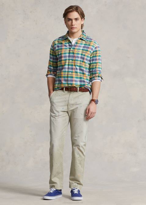 Men Ralph Lauren Classic Fit Indigo Madras Shirt 4DJ28385 Yellow/Green Multi