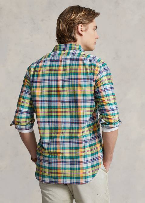 Men Ralph Lauren Classic Fit Indigo Madras Shirt 4DJ28385 Yellow/Green Multi