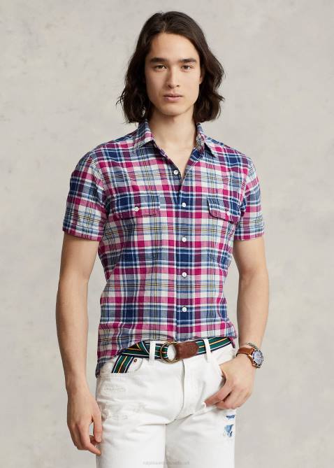 Men Ralph Lauren Classic Fit Indigo Madras Workshirt 4DJ28409 Red/Navy Multi