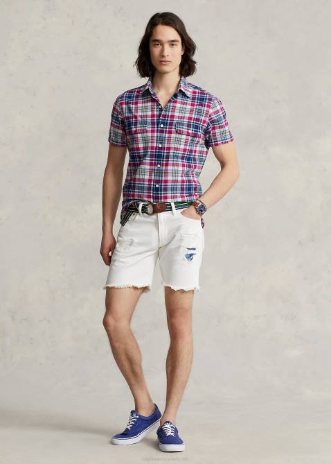 Men Ralph Lauren Classic Fit Indigo Madras Workshirt 4DJ28409 Red/Navy Multi