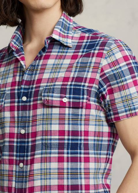 Men Ralph Lauren Classic Fit Indigo Madras Workshirt 4DJ28409 Red/Navy Multi