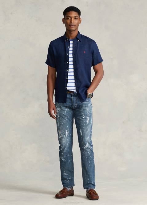 Men Ralph Lauren Classic Fit Linen Shirt 4DJ2517 Newport Navy