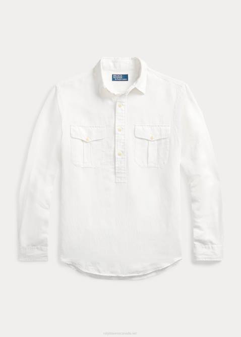 Men Ralph Lauren Classic Fit Linen-Silk Popover Shirt 4DJ2898 White