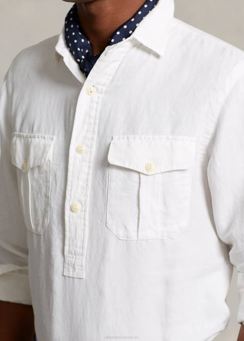 Men Ralph Lauren Classic Fit Linen-Silk Popover Shirt 4DJ2898 White