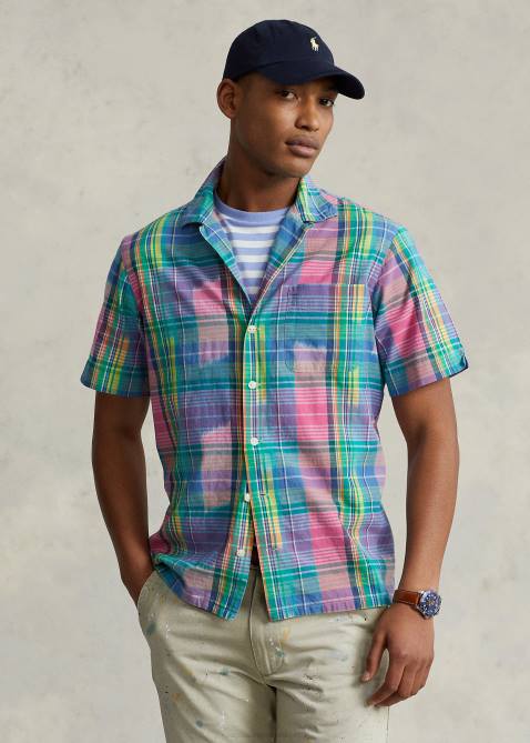 Men Ralph Lauren Classic Fit Madras Camp Shirt 4DJ21144 Pink/Royal Multi