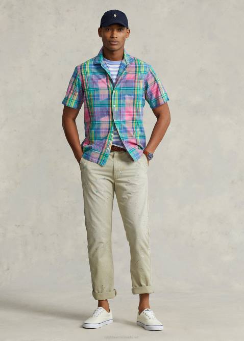 Men Ralph Lauren Classic Fit Madras Camp Shirt 4DJ21144 Pink/Royal Multi