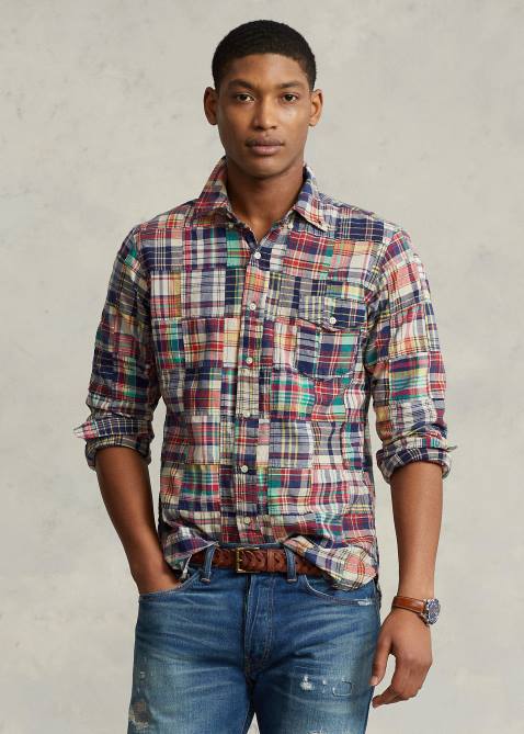 Men Ralph Lauren Classic Fit Madras Patchwork Shirt 4DJ28524 Madras Patchwork