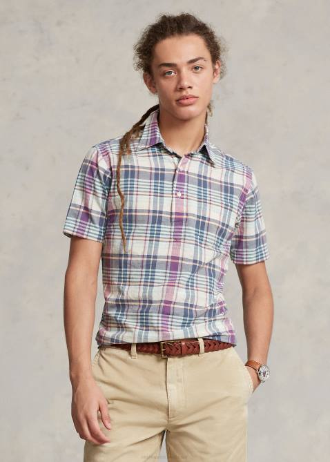 Men Ralph Lauren Classic Fit Madras Popover Shirt 4DJ21019 Cream/Navy Multi