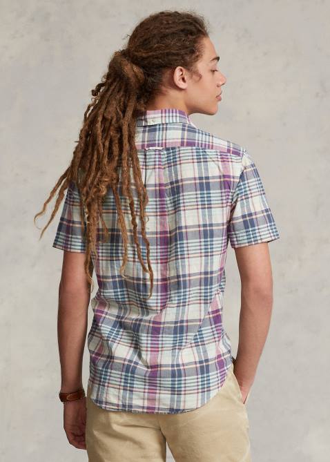 Men Ralph Lauren Classic Fit Madras Popover Shirt 4DJ21019 Cream/Navy Multi