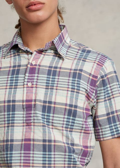 Men Ralph Lauren Classic Fit Madras Popover Shirt 4DJ21019 Cream/Navy Multi