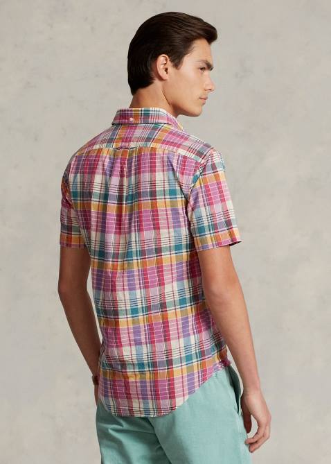 Men Ralph Lauren Classic Fit Madras Popover Shirt 4DJ21020 Pink/Cream Multi