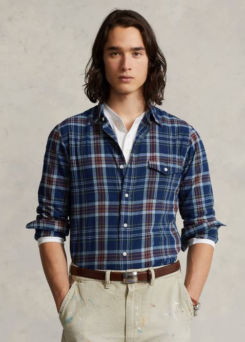 Men Ralph Lauren Classic Fit Madras Shirt 4DJ28517 Indigo/Red Multi