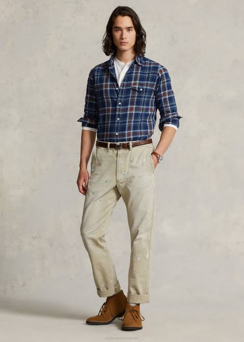 Men Ralph Lauren Classic Fit Madras Shirt 4DJ28517 Indigo/Red Multi