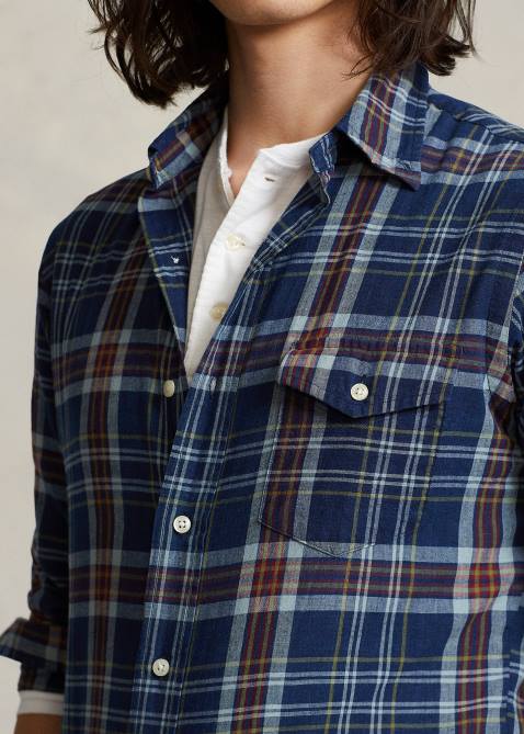 Men Ralph Lauren Classic Fit Madras Shirt 4DJ28517 Indigo/Red Multi