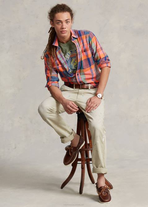 Men Ralph Lauren Classic Fit Madras Workshirt 4DJ2906 Orange/Purple Multi