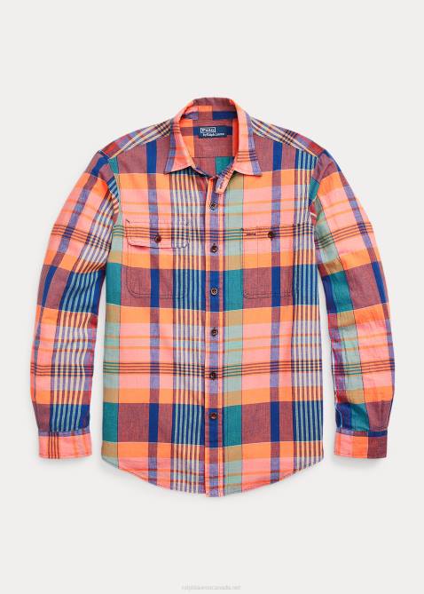 Men Ralph Lauren Classic Fit Madras Workshirt 4DJ2906 Orange/Purple Multi