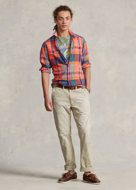 Men Ralph Lauren Classic Fit Madras Workshirt 4DJ2906 Orange/Purple Multi