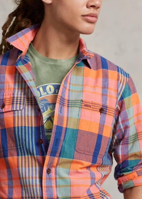 Men Ralph Lauren Classic Fit Madras Workshirt 4DJ2906 Orange/Purple Multi