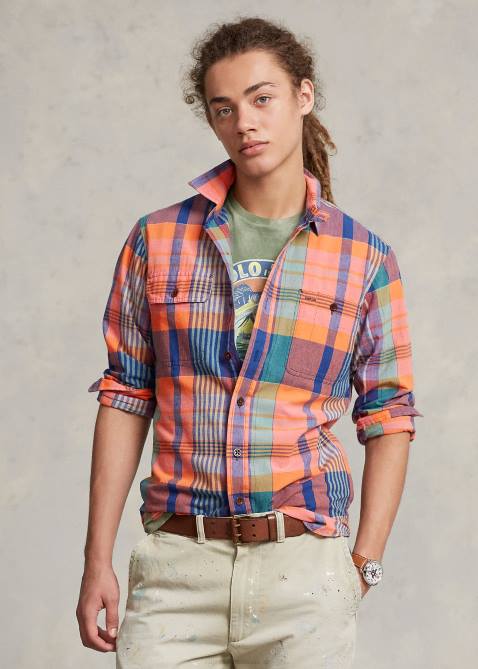Men Ralph Lauren Classic Fit Madras Workshirt 4DJ2906 Orange/Purple Multi