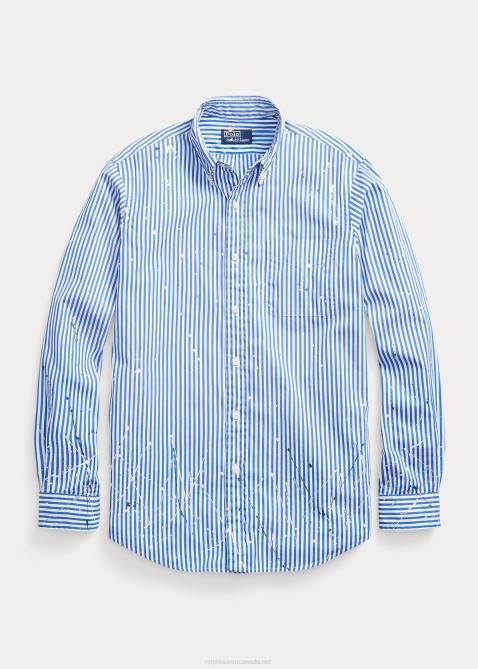 Men Ralph Lauren Classic Fit Paint-Splatter Poplin Shirt 4DJ21044 Navy/White
