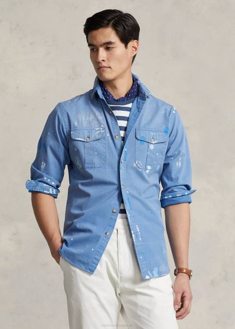 Men Ralph Lauren Classic Fit Painted Chino Workshirt 4DJ2879 Retreat Blue