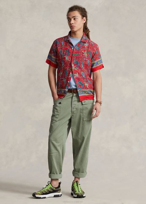 Men Ralph Lauren Classic Fit Paisley Linen Camp Shirt 4DJ2627 Red Paisley