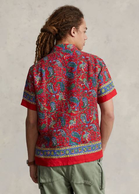 Men Ralph Lauren Classic Fit Paisley Linen Camp Shirt 4DJ2627 Red Paisley