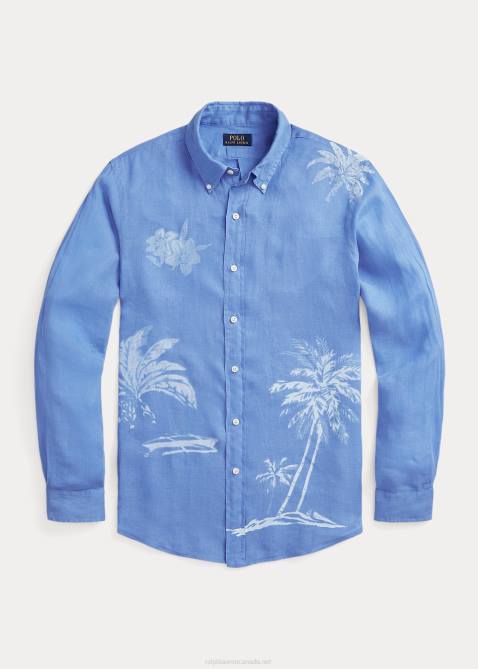 Men Ralph Lauren Classic Fit Palm Tree Linen Shirt 4DJ2490 Blue Flower