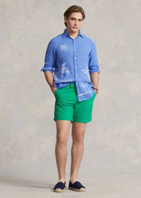 Men Ralph Lauren Classic Fit Palm Tree Linen Shirt 4DJ2490 Blue Flower