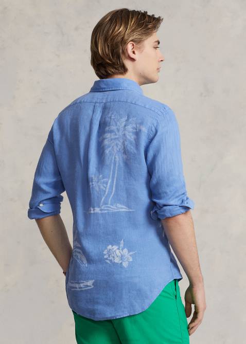 Men Ralph Lauren Classic Fit Palm Tree Linen Shirt 4DJ2490 Blue Flower