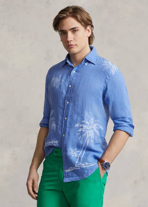 Men Ralph Lauren Classic Fit Palm Tree Linen Shirt 4DJ2490 Blue Flower