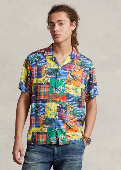 Men Ralph Lauren Classic Fit Patchwork Camp Shirt 4DJ21046 High Tide Patchwork