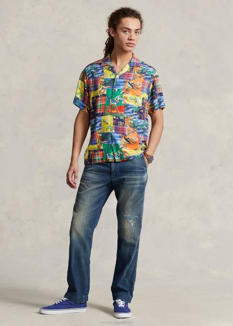 Men Ralph Lauren Classic Fit Patchwork Camp Shirt 4DJ21046 High Tide Patchwork