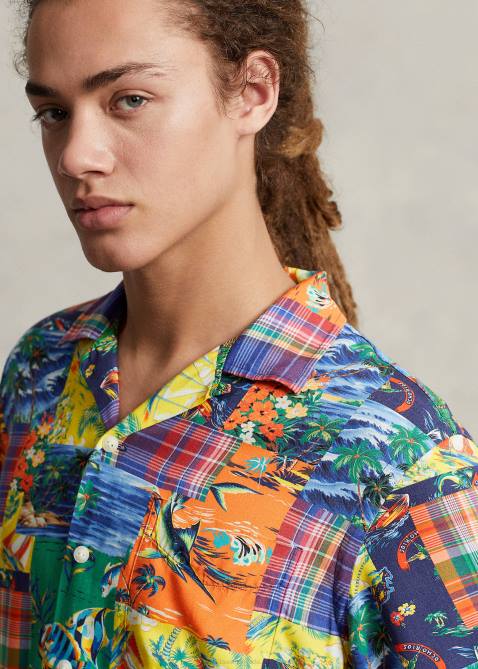 Men Ralph Lauren Classic Fit Patchwork Camp Shirt 4DJ21046 High Tide Patchwork